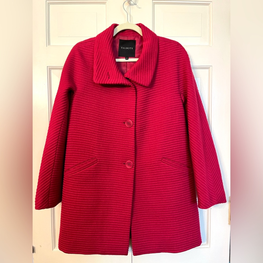 Talbots Thinsulate Wool Blend Ribbed Coat in Raspberry Sz 4 Mod Swing Peacoat‎
